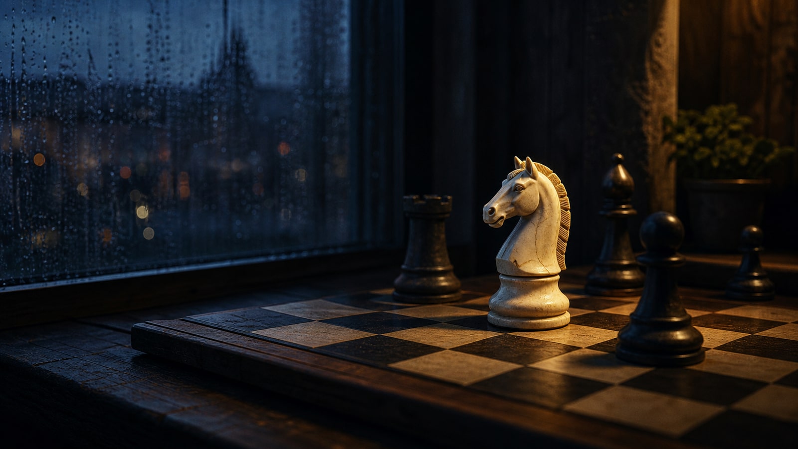 An ivory chess knight illuminated beside a rain-streaked window at blue hour